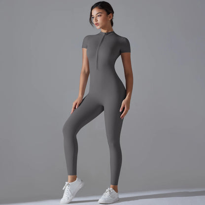 Women's One-Piece Yoga Jumpsuit – Zipper Short Sleeve Bodysuit