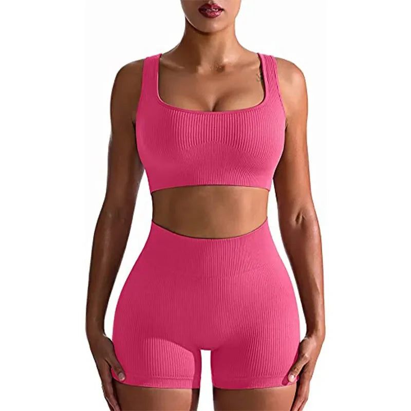 Women's 2-Piece Ribbed Seamless Sports Set – Vest & High-Waisted Shorts