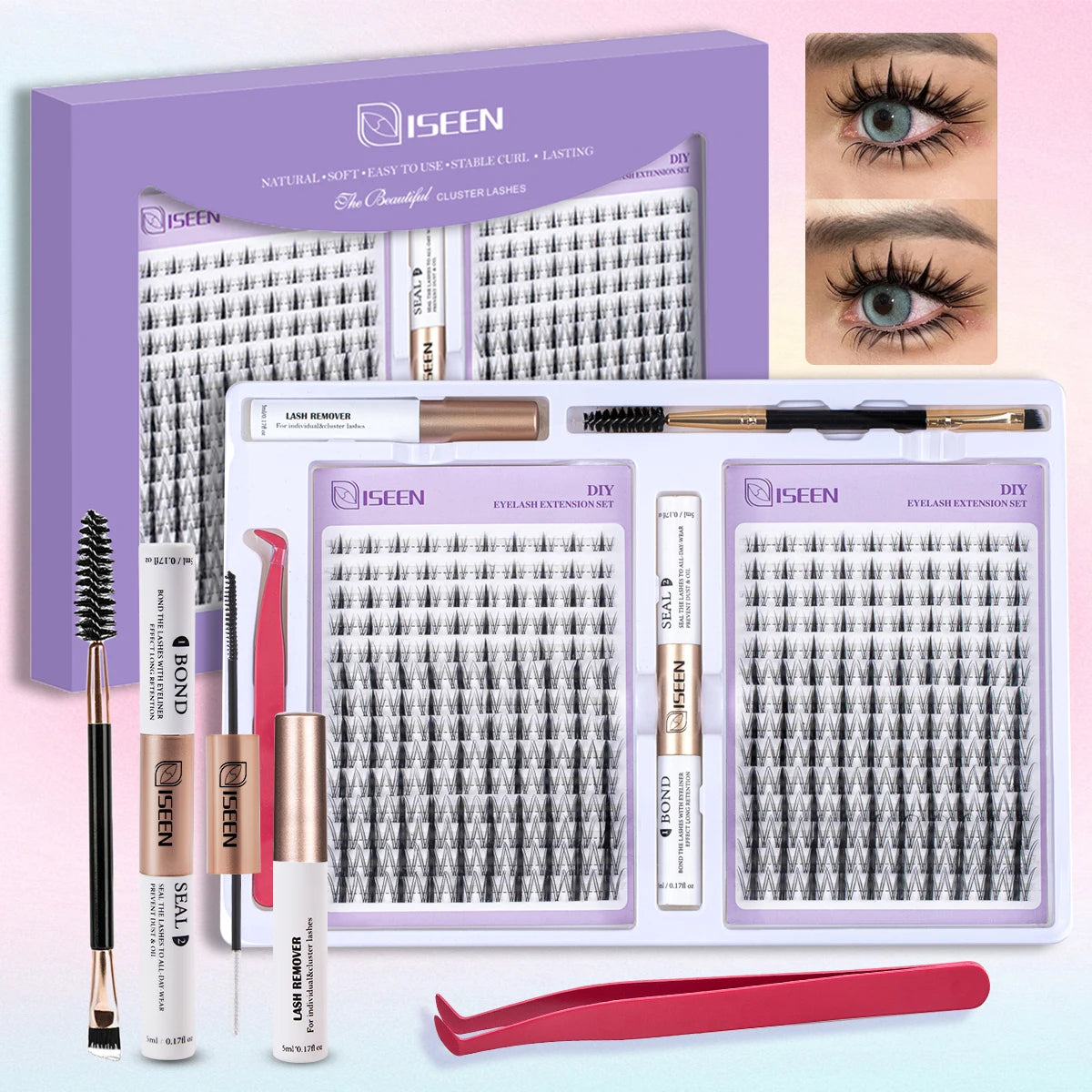 DIY Eyelash Extension Kit Cluster Mix Eyelashes Full Set Lashes Kit with Lash Bond & Seal and Eyelash Tweezers and Brush