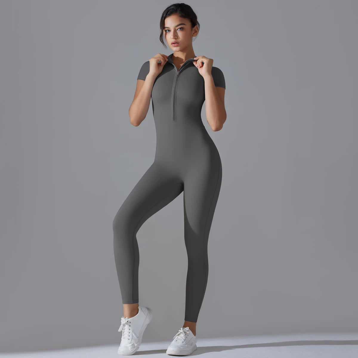 Women's One-Piece Yoga Jumpsuit – Zipper Short Sleeve Bodysuit