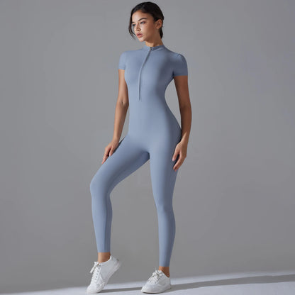 Women's One-Piece Yoga Jumpsuit – Zipper Short Sleeve Bodysuit