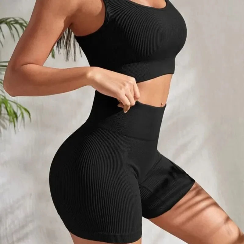 Women's 2-Piece Ribbed Seamless Sports Set – Vest & High-Waisted Shorts