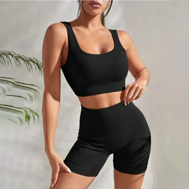 Women's 2-Piece Ribbed Seamless Sports Set – Vest & High-Waisted Shorts