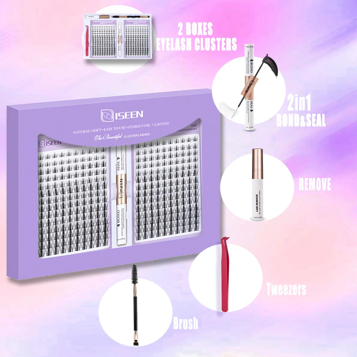 DIY Eyelash Extension Kit Cluster Mix Eyelashes Full Set Lashes Kit with Lash Bond & Seal and Eyelash Tweezers and Brush