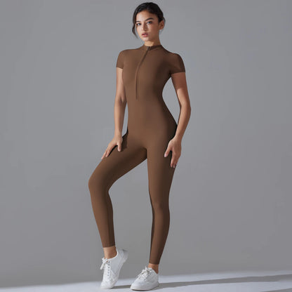 Women's One-Piece Yoga Jumpsuit – Zipper Short Sleeve Bodysuit