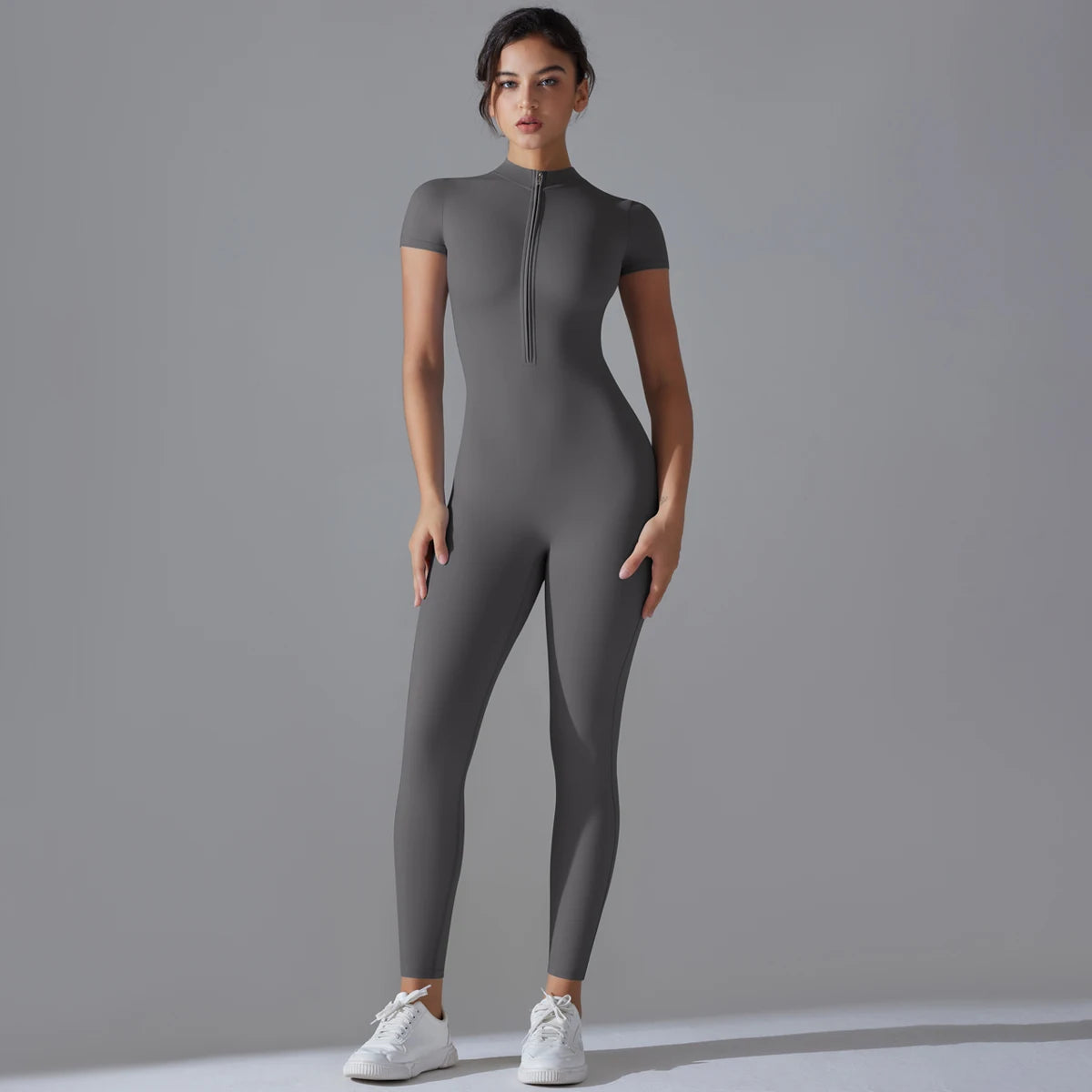 Women's One-Piece Yoga Jumpsuit – Zipper Short Sleeve Bodysuit