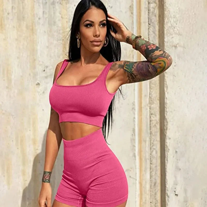 Women's 2-Piece Ribbed Seamless Sports Set – Vest & High-Waisted Shorts