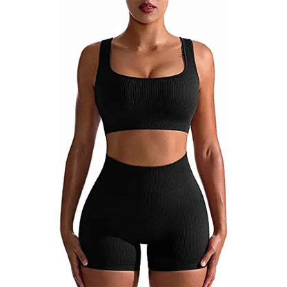 Women's 2-Piece Ribbed Seamless Sports Set – Vest & High-Waisted Shorts