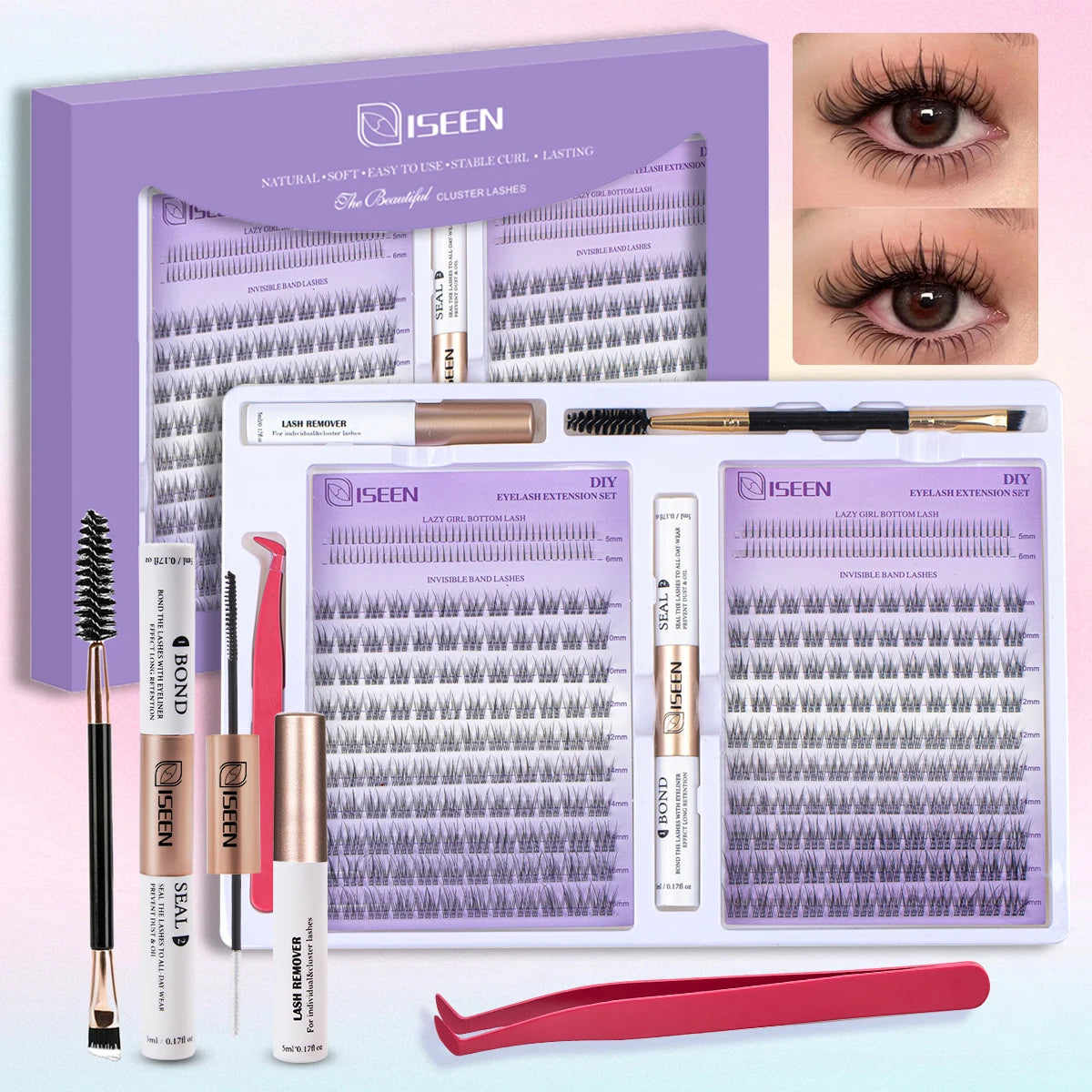 DIY Eyelash Extension Kit Cluster Mix Eyelashes Full Set Lashes Kit with Lash Bond & Seal and Eyelash Tweezers and Brush