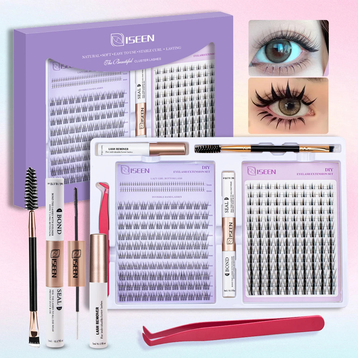 DIY Eyelash Extension Kit Cluster Mix Eyelashes Full Set Lashes Kit with Lash Bond & Seal and Eyelash Tweezers and Brush