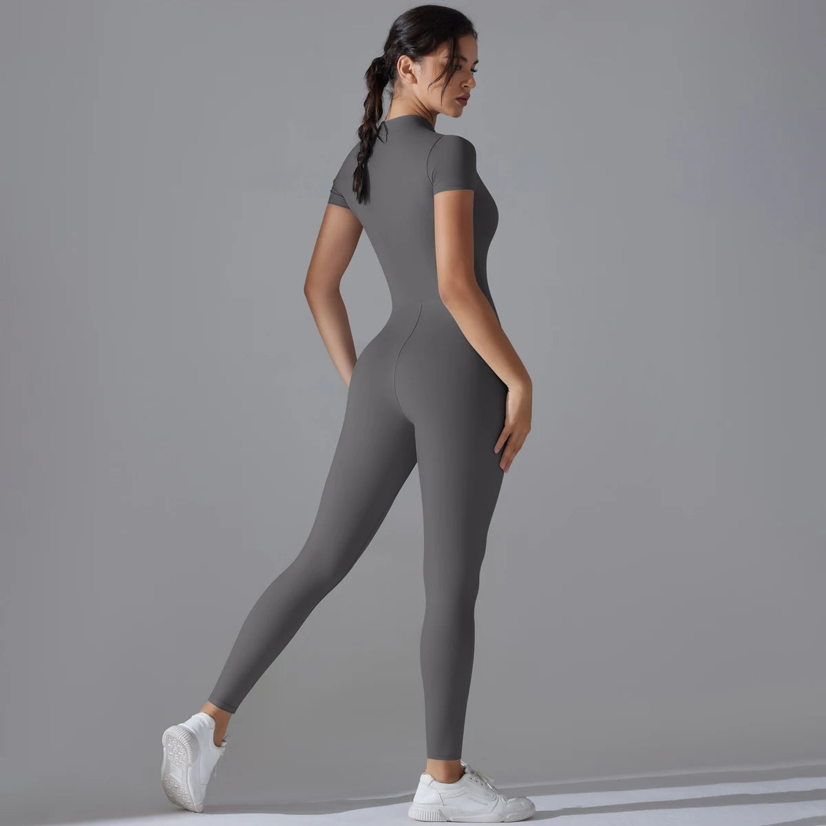 Women's One-Piece Yoga Jumpsuit – Zipper Short Sleeve Bodysuit