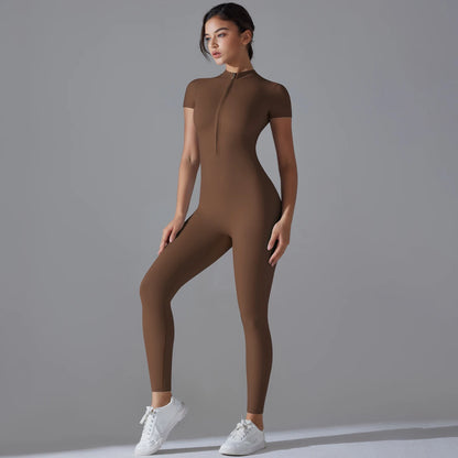 Women's One-Piece Yoga Jumpsuit – Zipper Short Sleeve Bodysuit