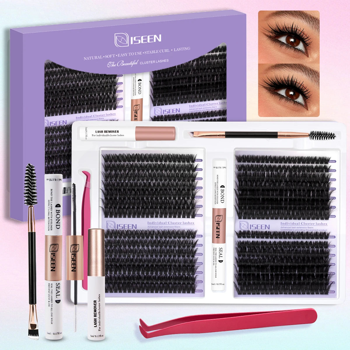 DIY Eyelash Extension Kit Cluster Mix Eyelashes Full Set Lashes Kit with Lash Bond & Seal and Eyelash Tweezers and Brush