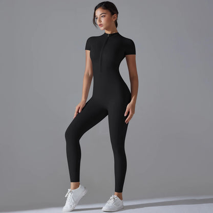 Women's One-Piece Yoga Jumpsuit – Zipper Short Sleeve Bodysuit