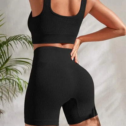 Women's 2-Piece Ribbed Seamless Sports Set – Vest & High-Waisted Shorts