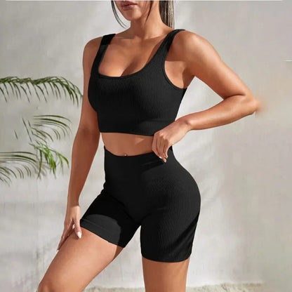 Women's 2-Piece Ribbed Seamless Sports Set – Vest & High-Waisted Shorts