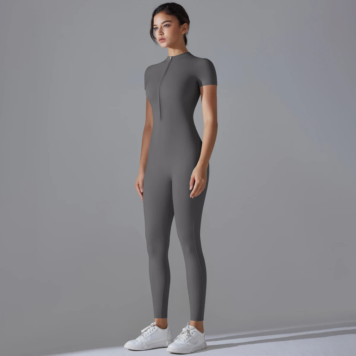 Women's One-Piece Yoga Jumpsuit – Zipper Short Sleeve Bodysuit